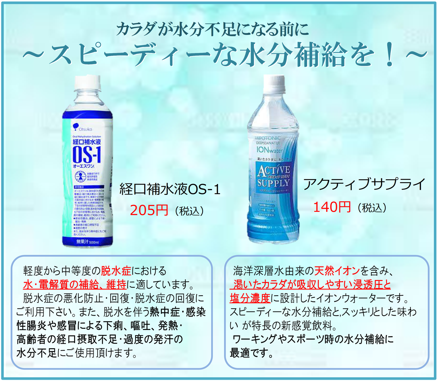 経口補水液OS-1、オーエスワン、脱水症、熱中症、高齢者、スポーツに